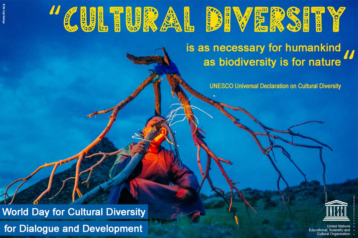 UNESCO's tweet photo. “#CulturalDiversity is as necessary for humankind as biodiversity is for nature.” 

– @UNESCO Universal Declaration on Cultural Diversity 

21 May is World Day for Cultural Diversity for Dialogue &amp; Development

ℹ https://t.co/t04mjHzTls #SupportCreativity #StandUp4HumanRights https://t.co/HlFhcyxIw3