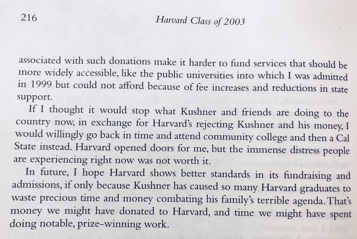 At the end of her note to Harvard’s 15th Anniversary Report, astrophysicist  @IBJIYONGI not only shames classmate Jared Kushner—she also takes on Harvard itself for facilitating his rise.