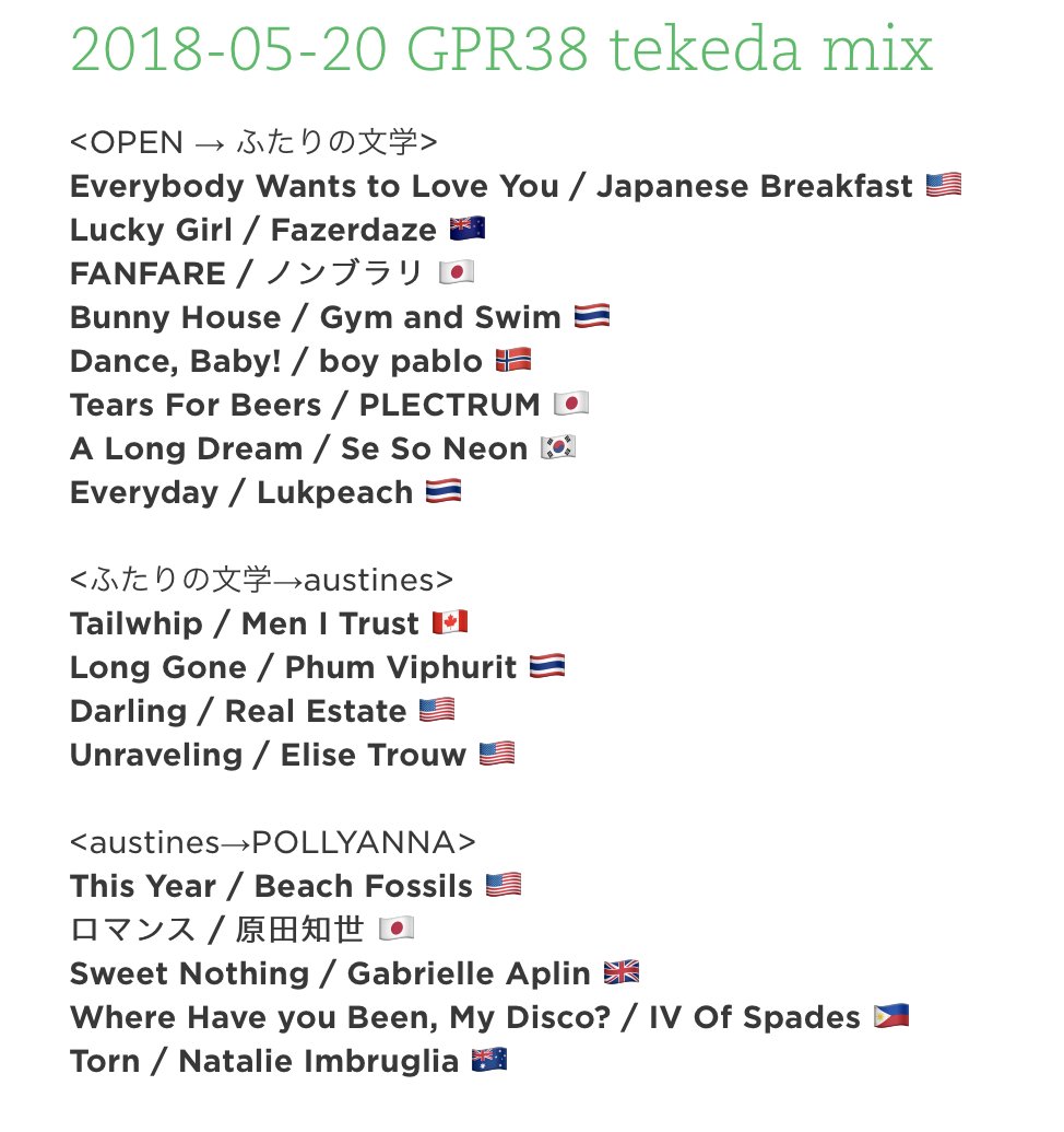 tekeda's tweet image. 2018.05.20 GPR38 tekeda mix
Apple Music Playlistはこちら↓
itunes.apple.com/jp/playlist/20…
#ギタポ #ふたりの文学 #austines #POLLYANNA #wafflesjp