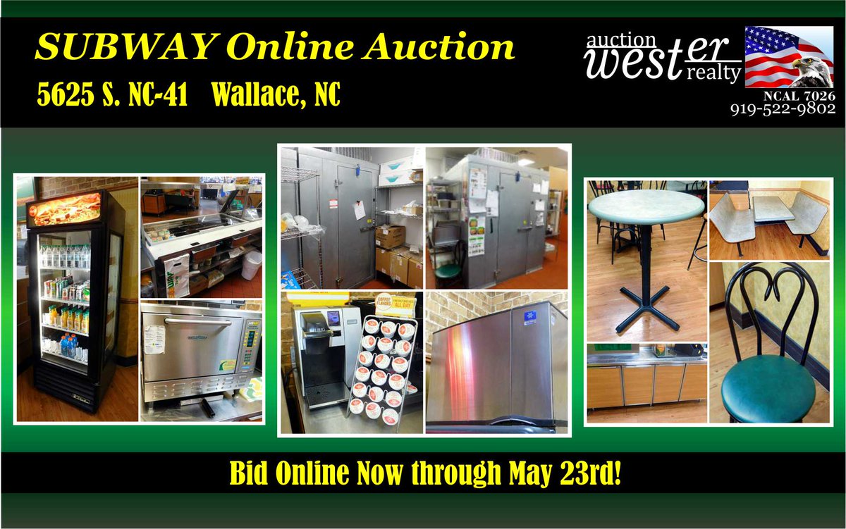 ncauctions's tweet photo. SUBWAY ONLINE WALLACE-Bid online now through May 23rd beginning at 8PM. Visit https://t.co/Bgr1xjp7EY for more details, or contact John at 919-522-9802. #auction #liveauction #onlineauction #restaurantauction #restauratequipment #ncauctions https://t.co/2ETvJywpmw