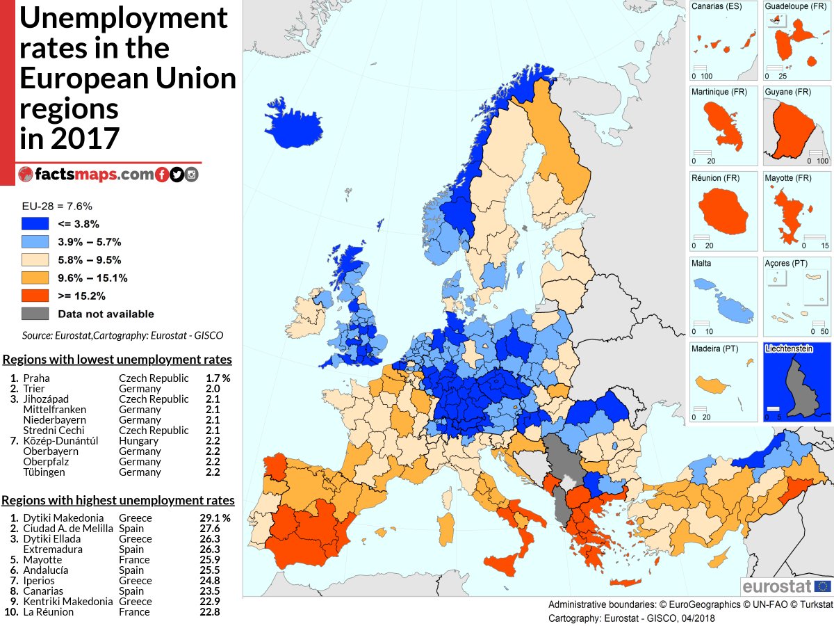 andrasborzsonyi's tweet photo. #Unemployment #rates in the #European #Union #regions in 2017

Details and more #facts and #maps at https://t.co/uEzVTGOGcA

#Germany #CzechRepublic #Czehia #Hungary #Spain #Greece #France #EU #Europa #UK #Sweden #Poland #Turkey #Ireland #Russia #Ukraine #Slovakia #Croatia #Swiss https://t.co/bYkvCymkXR