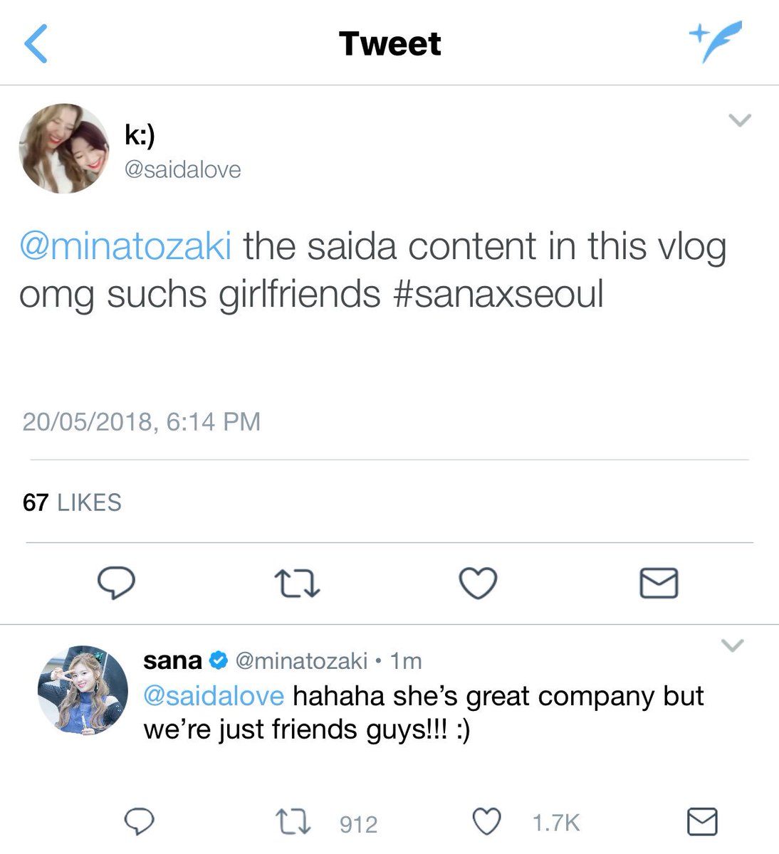 “Thank you,” Sana said with a genuine smile. “I would understand if you’re uncomfortable with the attention, I can leave you alone-““Don’t worry, I don’t mind. I like being around you.”“I like being around you too,” Sana whispered out. “Recommend me some good food from here?”