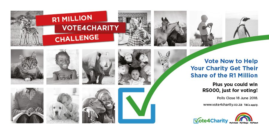 MySchoolSA's tweet image. Vote Now to Help Your Charity Get Their Share of the R1 Million! 
For every vote received MySchool will donate R5 on your behalf. 
PLUS you could win R5000, just for voting! 
Polls Close 18 June 2018

#Vote4Charity: bit.ly/2rR0hJz
T&amp;amp;Cs apply.
