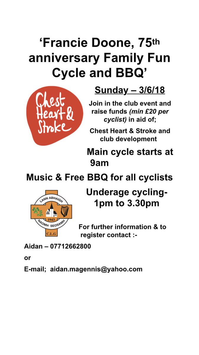 GlenavyGAA's tweet photo. This year the Francie Doone Cycle will be raising money for Chest Heart &amp; Stroke NI. The cycle takes place on Sunday 3rd June and donations can be made at the following link: https://t.co/KRSwIlSpfA To register for the cycle contact Aidan on 07712662800 #nsla75 https://t.co/O6gmqR7HaI