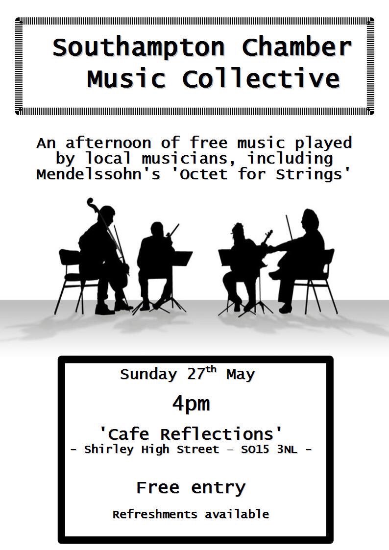 Kath168Roberts's tweet photo. 1 week today - Mendelssohn octet and more at #cafereflections from Southampton’s brand new chamber music collective. Made up of @UoSMusic alumni and current students, free entry! #freemusic #somusiccity https://t.co/54bshnAS9p