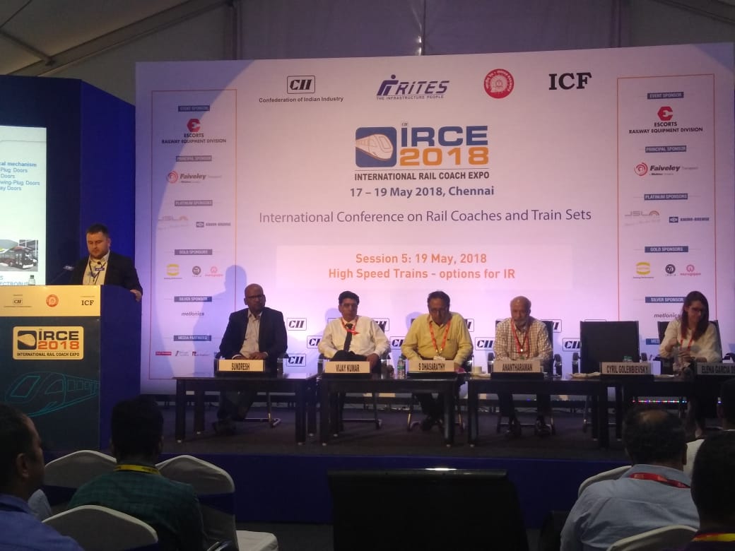 CIIRailwayExhb's tweet photo. Mr. Sundresh, Mr. S. Dhasarathy, Mr. Anantharama, Mr. Vijay Kumar, Mr. Cyril Golembievsky and Ms. Elena Graciade Rus discussing on - High Speed Trains - options for at #IRCE2018

@FollowCII #IntegralCoachFactory @TalgoGroup #ParsKomponentySRO https://t.co/CBxb1YGgQw