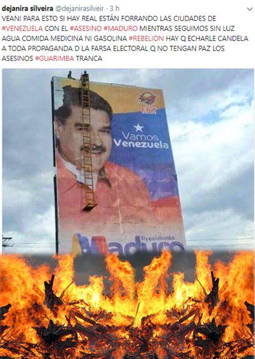 dejanirasilveir's tweet photo. EL TRABAJO DE LAS REDES ES IMPORTANTE HAY Q INFORMAR TODO LO Q SUCEDE EN LA FARSA ELECTORAL PERO MAS IMPORTANTE ES APOYAR EL MENSAJE EN LA CALLE #REBELION ACTIVAR LAS GUARIMBAS LIBERTARIAS EL PSICOPATA-ASESINO MADURO SI SALDRA CON ELECCION D LINCHADO O AHORCARLO @_Noel_Pereira2 https://t.co/JcOllQHghH