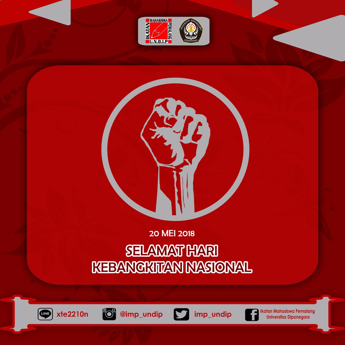 [HARI KEBANGKITAN NASIONAL]

Selamat Hari Kebangkitan Nasional yang ke-110.

"Pahlawan yang setia itu berkorban bukan untuk dikenal namanya, tetapi semata mata membela cita-cita." - Mohammad Hatta

#IMPUNDIP
#Wearesuper