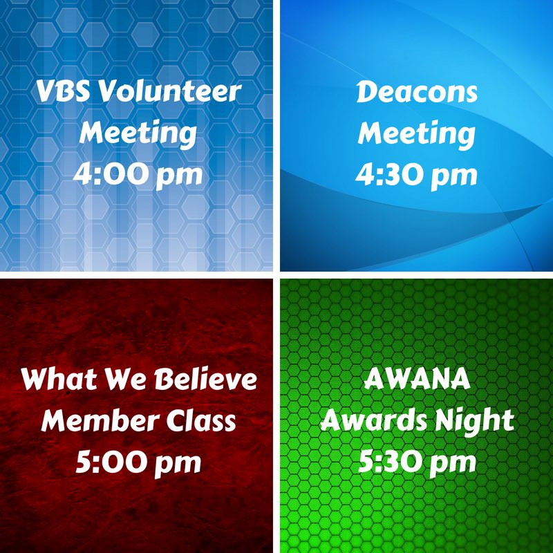 wsbcjonesboro's tweet photo. What's going on at WSBC Jonesboro tonight? LOTS! See you there!

VBS Volunteer Meeting
Today, 4:00 pm, Choir Rm

Deacons Meeting
Today, 4:30 pm, Rm 35

What We Believe Member Class
Tonight, 5:00-7:00 pm, Rm 24
Open to all.

AWANA Awards
Tonight, 5:30 pm, Sanctuary https://t.co/XQnwoEvbE7