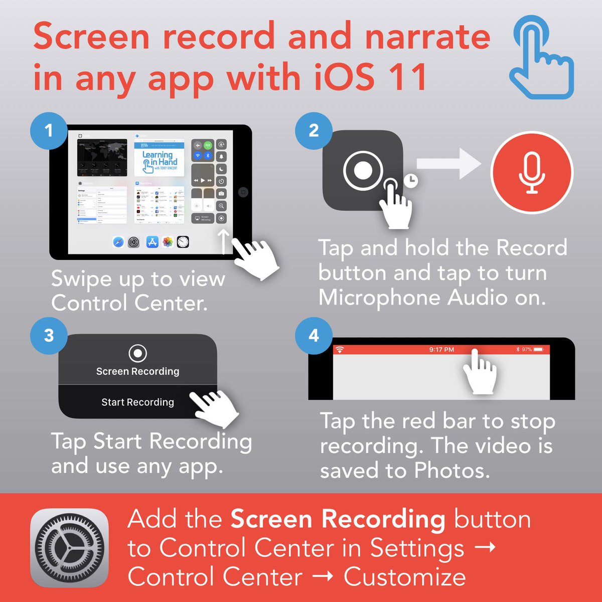 tonyvincent's tweet photo. ⏺ With iOS 11 we can record an iPad or iPhone's screen without using a computer. Great for how-tos and think-alouds.

🔰 Don't forget to long press the Record button to turn on the microphone. #AppleEDUchat #iPadEd https://t.co/ClB097eiaz