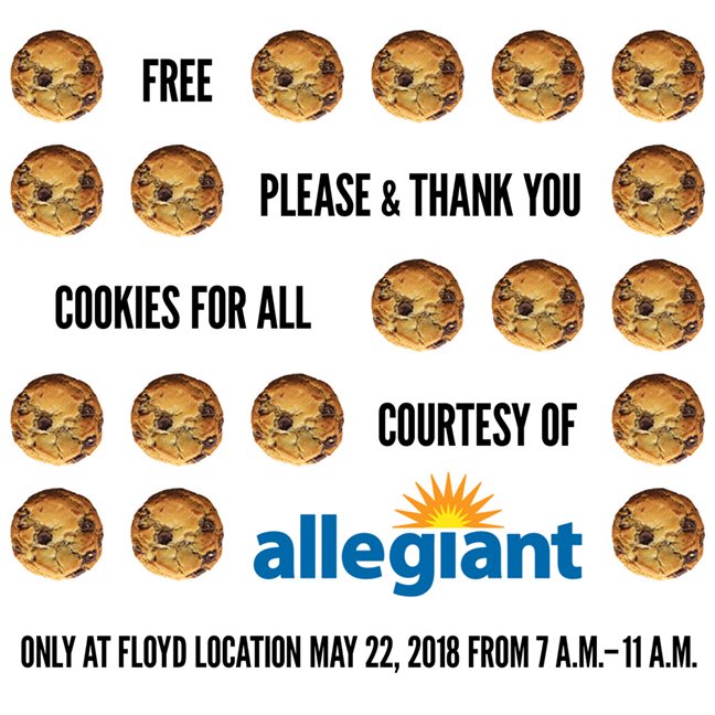 ✈️🖤🍪Hey #Louisville, <a href="/Allegiant/">Allegiant Air</a> has partnered with <a href="/plsthnks/">Please & Thank You</a> to give you free cookies and free flight vouchers! Come grab a ☕️&amp; 🍪 at the “FLOYD” (252 Market St) from 7–10am on Tuesday, May 22! ✈️🍪🖤
