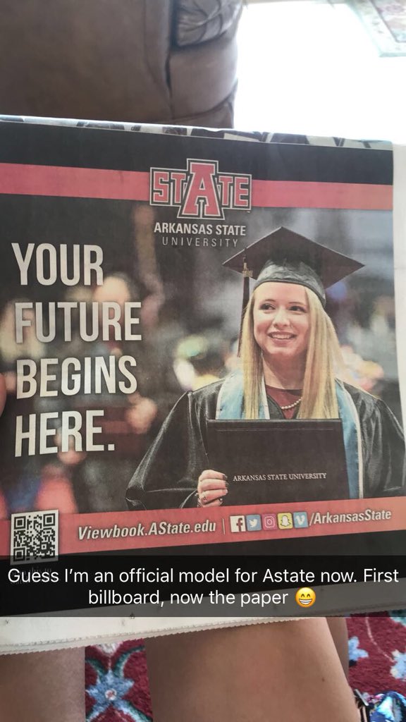KenleyAllison's tweet photo. Hey @ArkansasState I guess I’m your official model now! Can this be my full time job? #newspaper #billboard #famous https://t.co/XWrW2IJFBB
