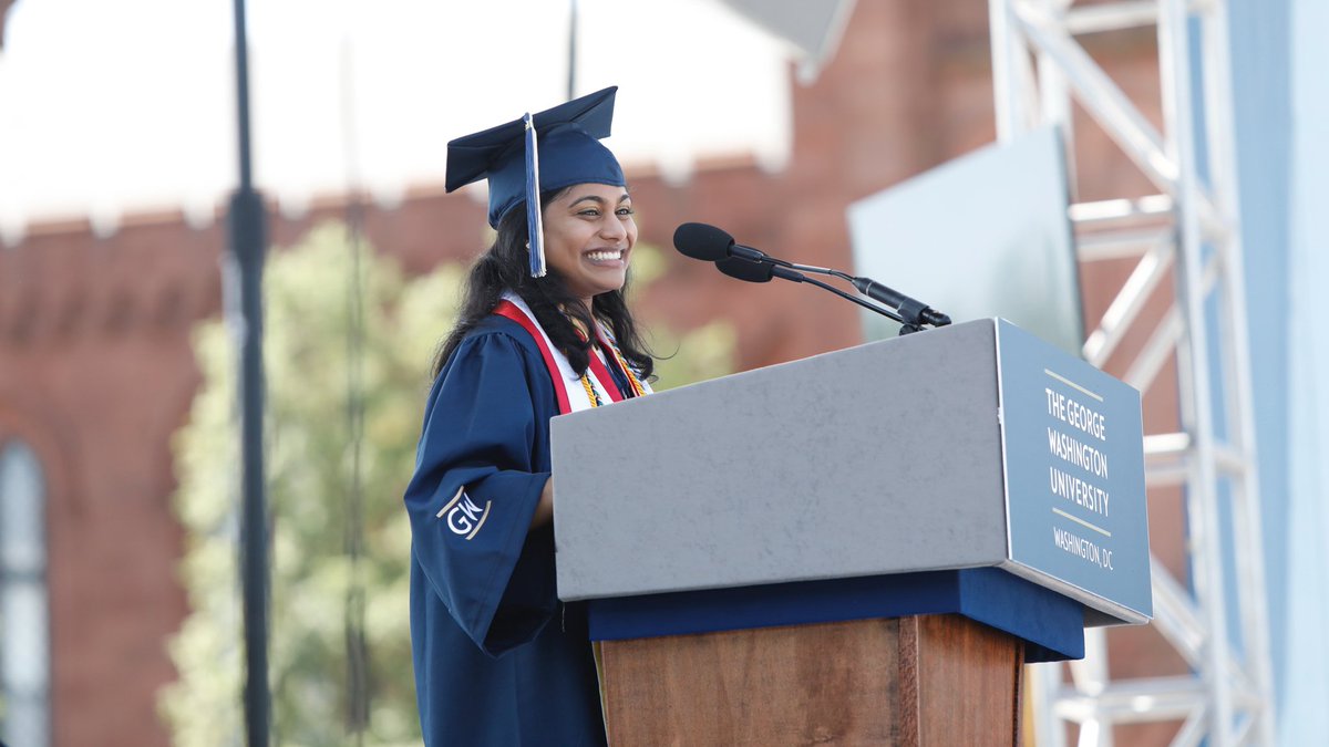 Meenu Mathews speaking at GW Commencement