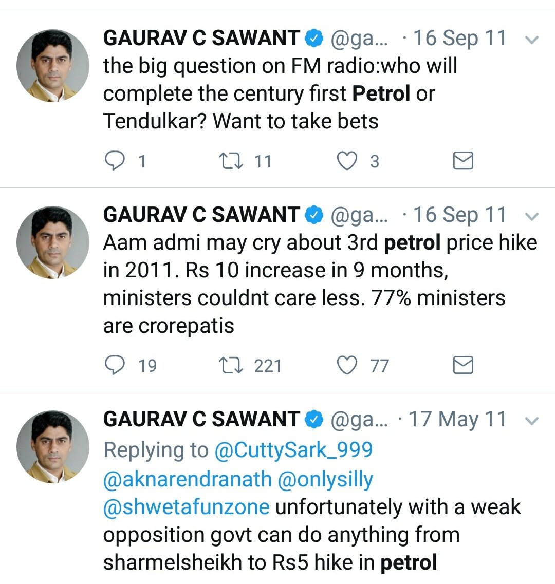 A few old tweet by  @gauravcsawant on  #petrolpricehike