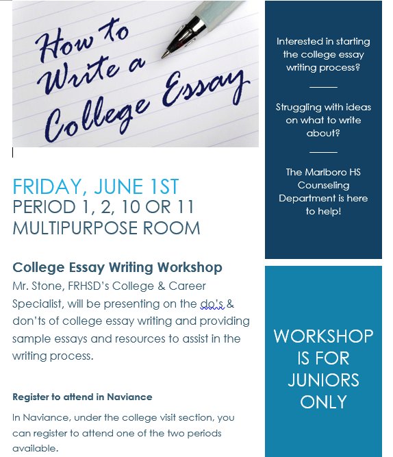 MarlboroHSinNJ's tweet photo. #signup for the #FRHSD College Writing Workshop! #Classof2019 #collegeapplicationprocess Sign up in Naviance. @MarlboroCO2019 @marlborohsguide @FRHSDCI @FRHSDCAO https://t.co/vN4srgdors