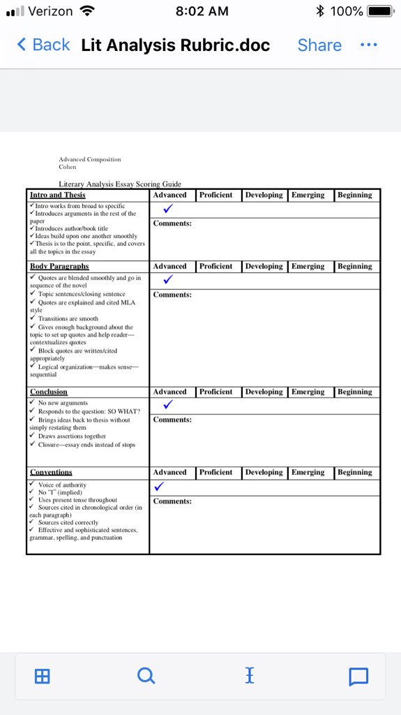 lcctchr's tweet photo. I’ve been using this #singlepointrubric for literary analysis. Students are assessed on a sliding scale and get specific feedback for each analysis component. The value is in more meaningful feedback. @cultofpedagogy https://t.co/ACSki8mInN