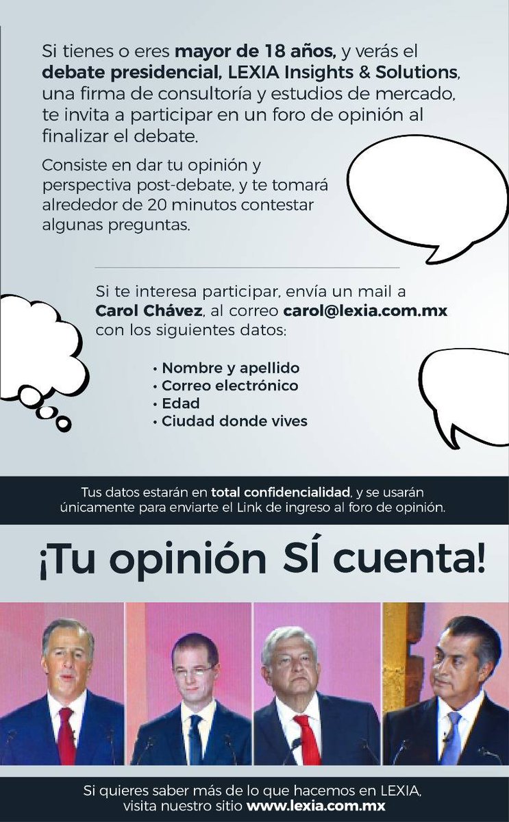 LEXIAGlobal's tweet photo. Si eres mayor de 18 años, y vas a ver el debate, te invitamos a participar en un foro de opinión, inmediatamente después de finalizar el debate. Consiste en dar tu opinión y perspectiva post-debate, y te tomará alrededor de 20 minutos contestar unas preguntas. 

¡Muchas gracias! https://t.co/h7dhZvMCV7