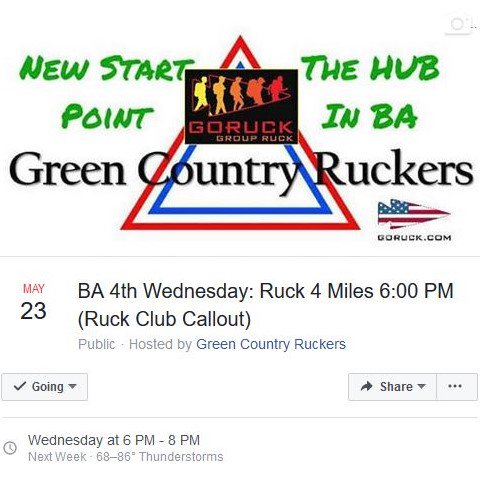 GCRuckers's tweet photo. Join GCR this Weds in #BrokenArrow as we attempt to qualify for this unique, limited and exclusive patch. Step-off is at 6:00 PM from The Hub Gym on Main Street.
#GORUCK #RuckClub #FunWithFriends #FreedomFitnessFamily #GCRTulsa #GRFIREBASE #Tulsa #Owasso #Bixby #Claremore https://t.co/Z8alzwNSEx