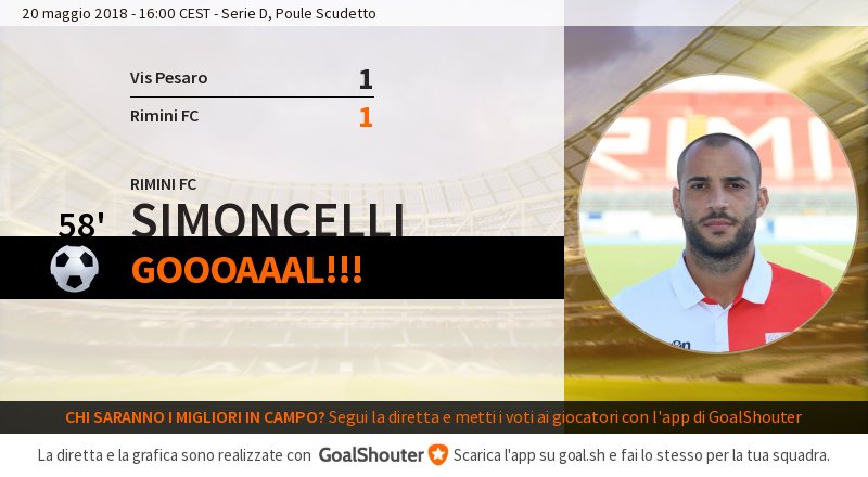 58' Vis Pesaro - Rimini FC 1-1: Goal di Simoncelli (Rimini FC) su assist di Cicarevic! goal.sh/m/buxkw222b/f