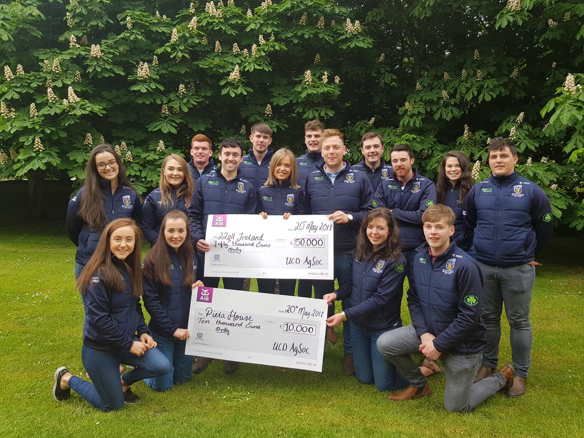 PTKeaveney's tweet photo. Delighted to have been able to present a total of €60,000 to our two chosen charities @22Q11_Ireland and @Pietahouse in @ucddublin today. A year of hard work by @UCD_Ag_Soc raising the highest amount of money to date. A fitting end to a tremendous four years spent in @ucdagfood. https://t.co/RnkdY3zMZQ