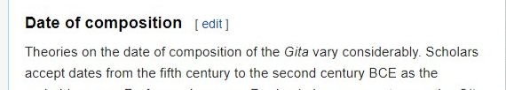 But Muellerian historians have worked here too. They try to make it younger than even the new testament of christianity. Reading the wikipedia page, one gets the impression that it belongs to the common era, having undergone the same corruptions as the rest of the mahabharata.