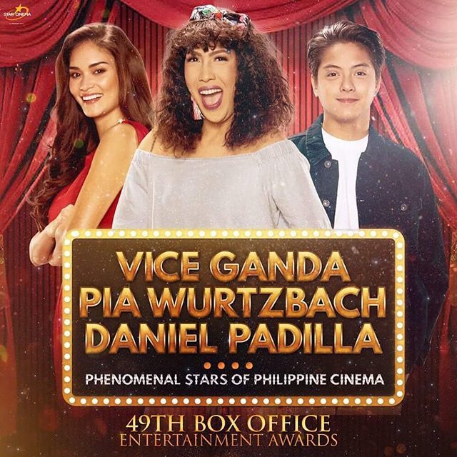 DJPGlobalOFC's tweet photo. Congratulations, @imdanielpadilla, Vice Ganda and Pia Wurtzbach!

Phenomenal Stars of Philippine Cinema at the 49th Box Office Entertainment Award.  🙏👏 https://t.co/Qgd0lTuxiN