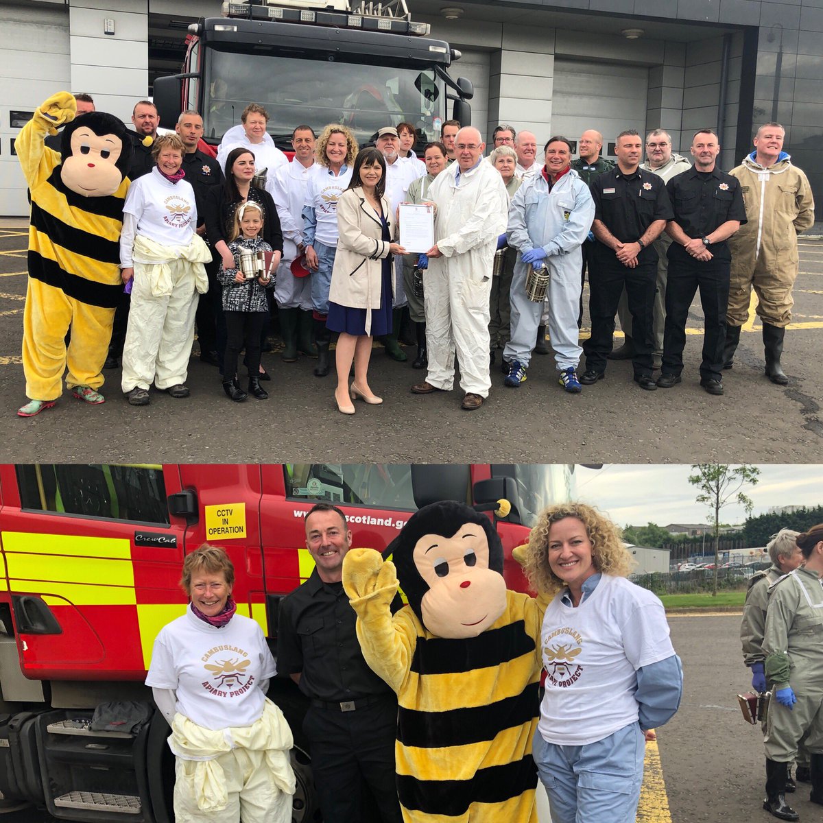 Scotbeekeepers's tweet photo. More #worldbeedayscotland celebrations! Fun day with #beginners & #beekeepers from #Lanarkshire #beekeepers asscn, the teams at #Cambuslang #apiary project & #clydesmill @fire_scot & @haughey_clare & @KatyLoudonSNP Thank you for the wonderful 🐝 work you’re all doing 👏👍 https://t.co/4mwQgRUzl7