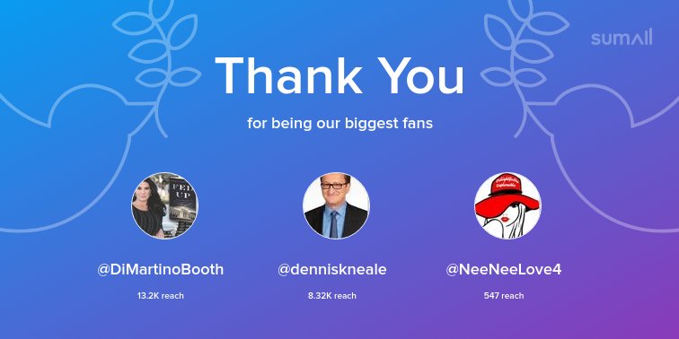 Our biggest fans this week: @DiMartinoBooth, @denniskneale, @NeeNeeLove4. Thank you! via sumall.com/thankyou?utm_s…