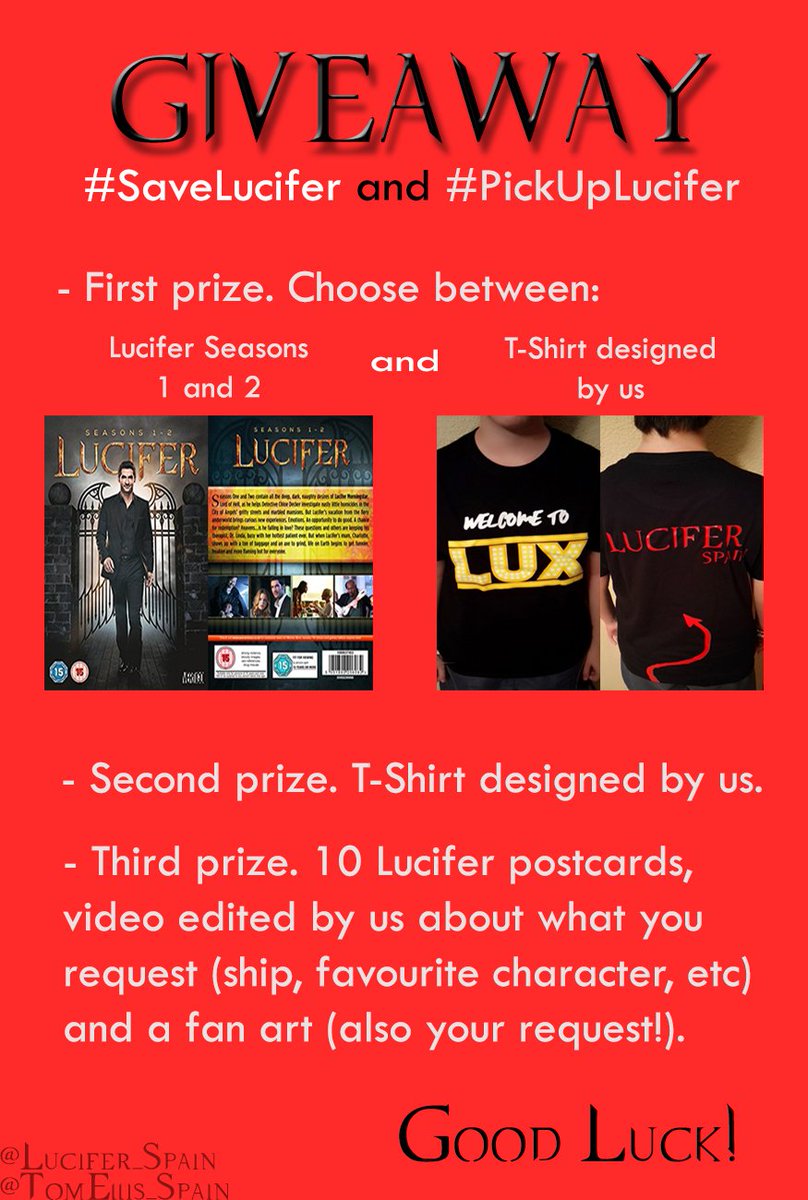 TomEllis_Spain's tweet image. INTERNATIONAL GIVEAWAY

- RT this tweet
- Comment below using #SaveLucifer and #PickUpLucifer and tell us what you love about Lucifer, the cast, etc
- Each tweet is an entry. You can comment as many times as you want
- Quoted tweets won't count
- 3 winners

Deadline: June 10th