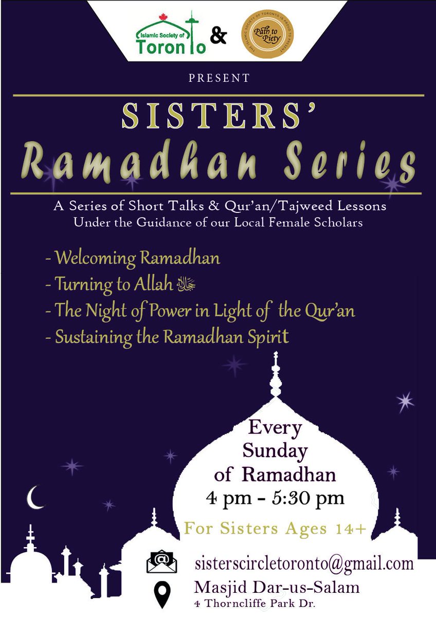 pathtopiety's tweet photo. Wonderful opportunity for sisters!! Attend and encourage others!! Every Sunday of Ramadhan. 4:00pm-5:30pm. #sistersprogram #Ramadhan2018 https://t.co/xlcnZStjlt