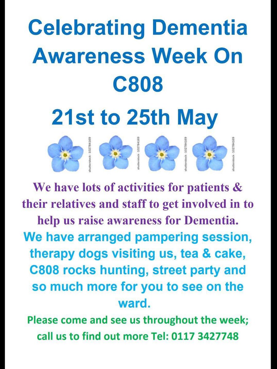 This coming week is Dementia Awareness Week and we will be joining the staff &amp; patients of @UHBristolNHS Ward C808 as part of their week long activities to raise awareness. #DAW2018 #Bristol