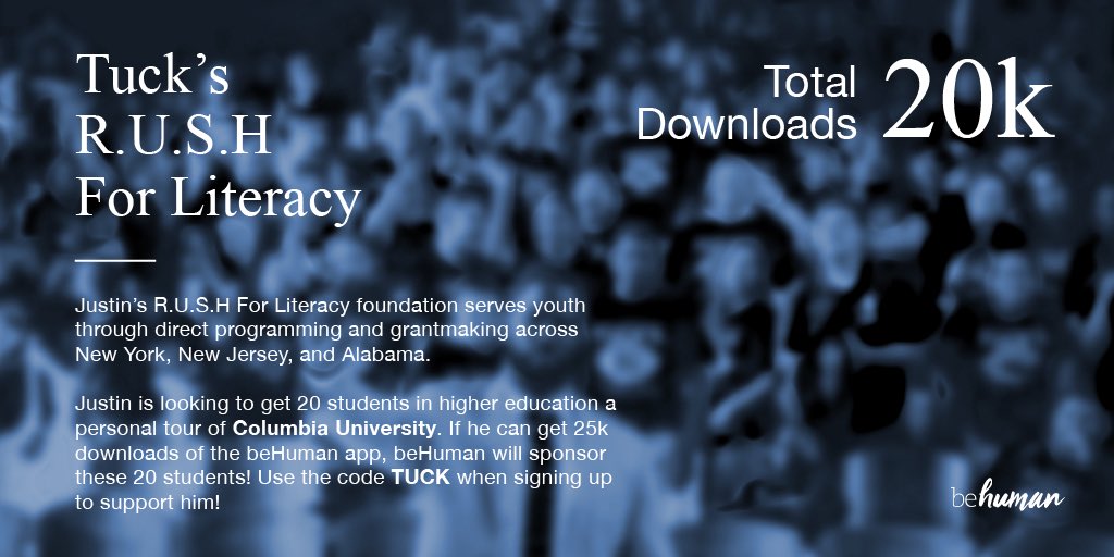 JustinTuck's tweet photo. We're at 20K DOWNLOADS, 5K more to goal!
DOWNLOAD beHuman FREE here, https://t.co/3IabDt7uEr and use code TUCK to support my cause!
@Wharton @columbia @Giants @ndfootball @NotreDame @behumanapp #WhartonGrad #Education #behumanchallenge #Giants https://t.co/5nbRMdmlaF