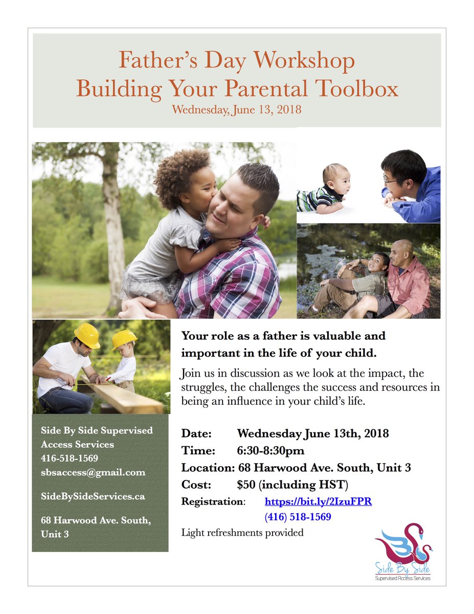 SidebySideServi's tweet photo. Your role as a #father is important in the life of your child.
Join us at this #FathersDay Workshop as we look at the impact, struggles, success & resources in being in your childโs life.
https://t.co/PsPHDataIp
#Parenting #CoParenting #Durham #FamilyLaw #SupervisedAccess https://t.co/jdHU4G7nVn