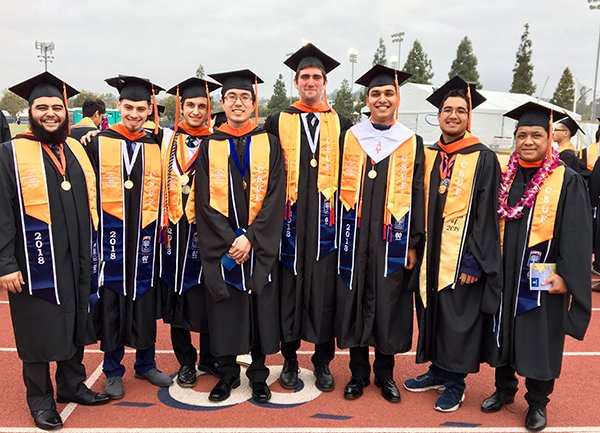 CSUFdcramos's tweet photo. This elite group of 8 #CSUFGrad2018 @csufecs scholars arrived as freshmen in 2014 &amp; graduated Sunday with both B.S. &amp; M.S. degrees in computer engineering. They’re the 1st to make demanding four-year sprint in the integrated B.S.-M.S. program. Congrats! https://t.co/oon85ddydq https://t.co/mD6oBA0aQt