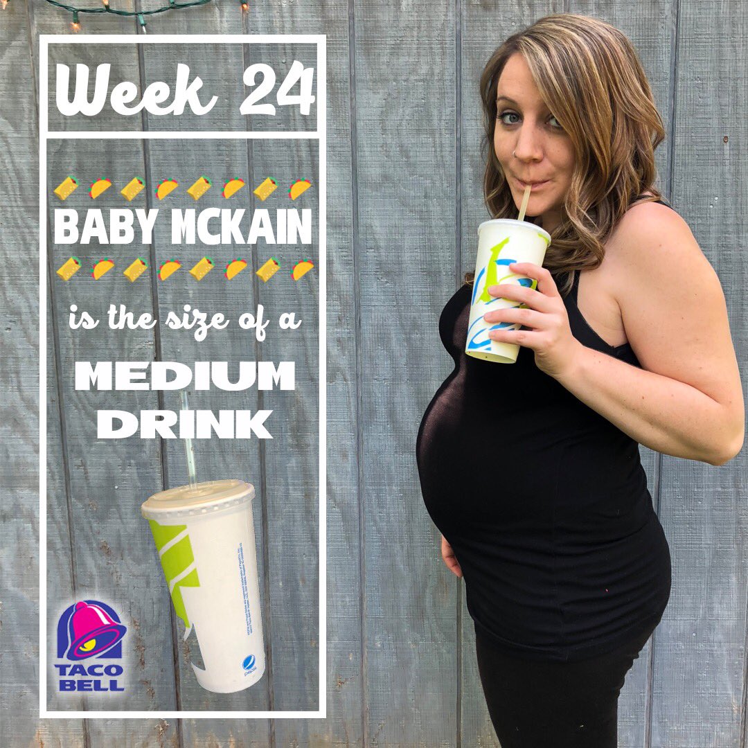 kelseymcmullen's tweet photo. It’s Week 24! Baby McKain is the size of a @tacobell medium drink- 20 ounces, about 1.3 pounds!
#tacobell #mediumdrink #pregnant #maternity #pregnantpic #24weekspregnant #2ndtrimester #bumppic #babybump #weeklybumppic #baby #newmom #babygirl https://t.co/BOcyI7bay2