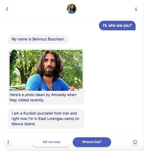 ajlabs's tweet image. Explore the Manus Island story via chat. Our first story published on @AJEnglish using @interview_js - an open-source tool developed by Al Jazeera. story.interviewjs.io/uHaAGrwjkJqbna…