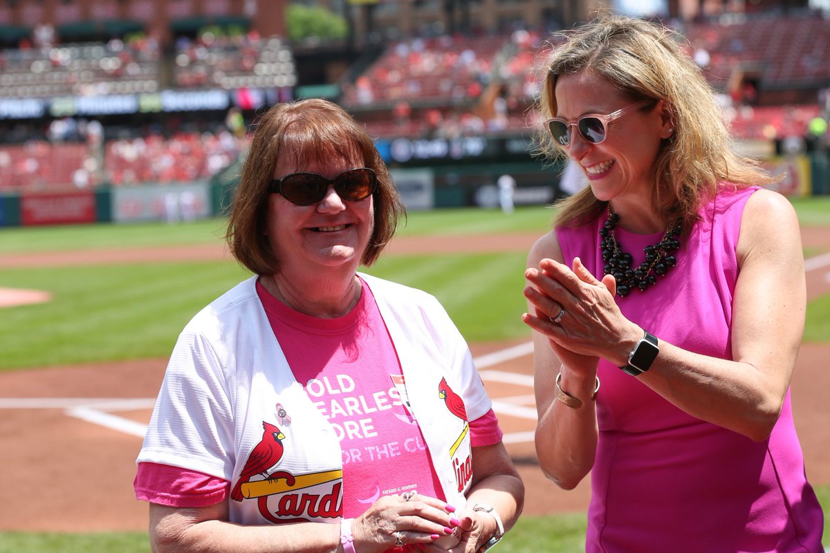 Cardinals's tweet photo. We recognized Kathy Koke, a breast cancer survivor, with an on-field ceremony and honorary first pitch before the game. Mrs. Koke is celebrating six years of being cancer free and is dedicated to helping fund cancer research and help raise awareness. #STLCards https://t.co/FTrvmkeAEs