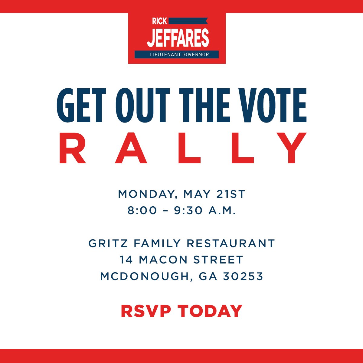 I need your help getting out the vote! Will you join #TeamJeffares in McDonough tomorrow morning? I hope to see you there! #VoteTuesday