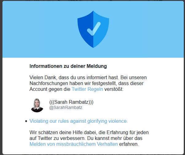 KV_AfD_STA's tweet photo. #Sarah #Rambatz #DieLinke freut sich über Filme, in denen Deutsche sterben. Dafür erlebte die Arme lt. #Spiegel einen Shitstorm. Und sie wurde ja ach so mißverstanden. Die Dame postet weiterhin gewaltverherrlichende Bilder auf Twitter, deshalb haben wir sie gemeldet (s. u.). #AfD https://t.co/NtyF9eIc1j