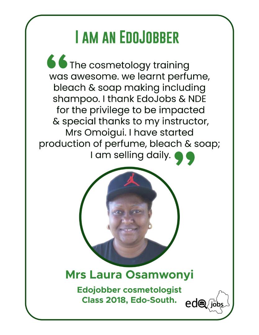 Mrs Laura had so much to say about the Cosmetology class she attended & how much profit she made on her first batch of production. All thanks to Governor Godwin Obaseki for his vision to create jobs.
#EdoJobs #Job #edostategovernment #SkillEmpowerment #GreaterEdoWorkforce