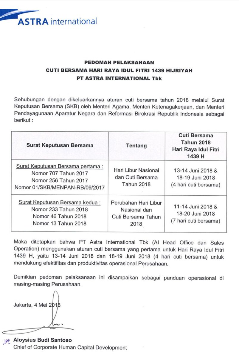 asharidevi06's tweet photo. Libur lebaran di PT astra Internasional daihatsu koq tidak sesuai dengan SKB 3 Menteri???
Apakah keputusan seperti ini  @astraintrnt @AstraIntl diizinkan pak Menteri?? @hanifdhakiri @rudisefta @Kemenag_RI @e100ss @Tri_Rismaharini @pemkotsby @PemkotSurabaya https://t.co/w1eYY8r8D9