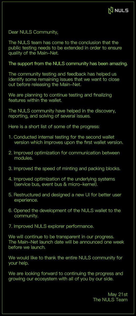 Nuls's tweet photo. Announcement:  the public testing needs to be extended in order to ensure quality of the Main-Net. https://t.co/JOHGH7OBQp