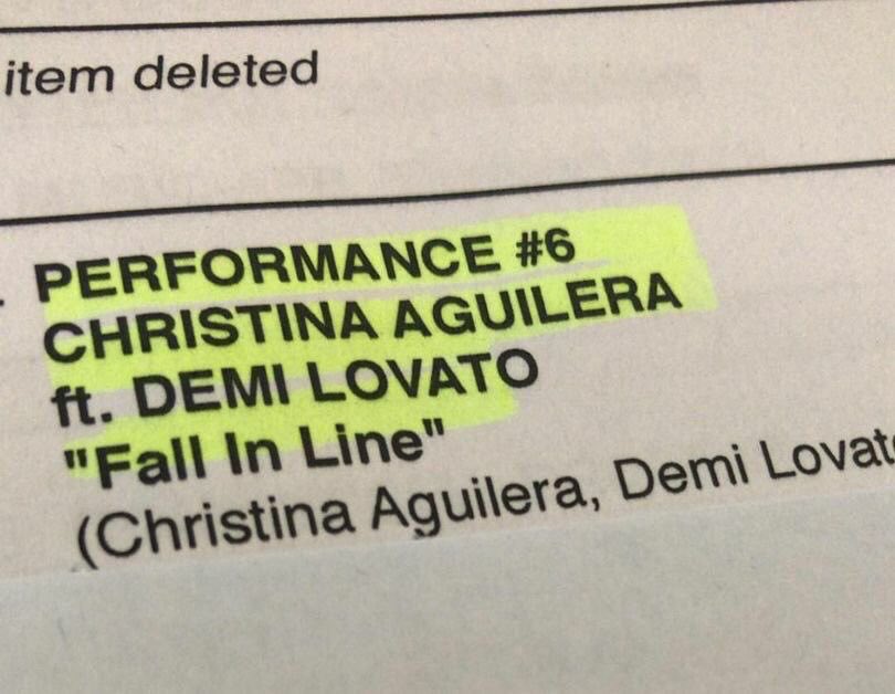 PrimaDonna80's tweet photo. List of the order in which #BBMAs acts will perform. Xtina and Demi are on #No.5 / #No.6 #XTINADEMI_BBMAS #FallInLine #StreamFallInLine https://t.co/CETtQPccd1