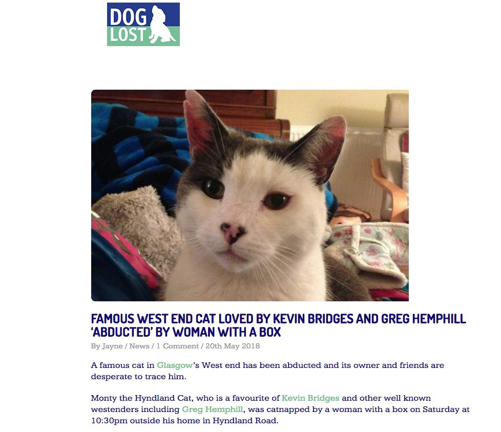 DogLostUK's tweet photo. FAMOUS WEST END CAT LOVED BY KEVIN BRIDGES AND GREG HEMPHILL ‘ABDUCTED’ BY WOMAN WITH A BOX... READ MORE HERE #TheBlogForDogs https://t.co/R2htzo3DRV https://t.co/WWfz4o9e2M @VetsGetScanning @SAMPAuk_ @pettheftaware https://t.co/bBAh2Mpy7X