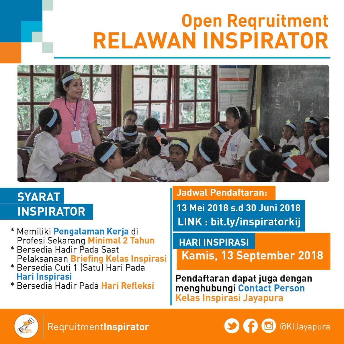 Yuhuu, 
KIJayapura buka pendaftaran untuk teman-teman yang ingin berpartisipasi dalam Hari Inspirasi, 13 September 2018.