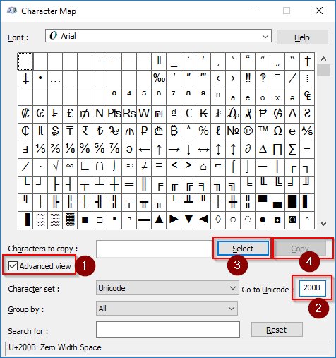 Go to Start, type "charmap" and hit Enter.1.) Click Advanced2.) The unicode CODEPOINT for this character is 200B, so type that in and hit ENTER3.) It will find it in the grid above for you, then hit SELECT4.) Hit COPY5.) Go to Twitter, type "FAST" hit CTRLV then type ".COM"