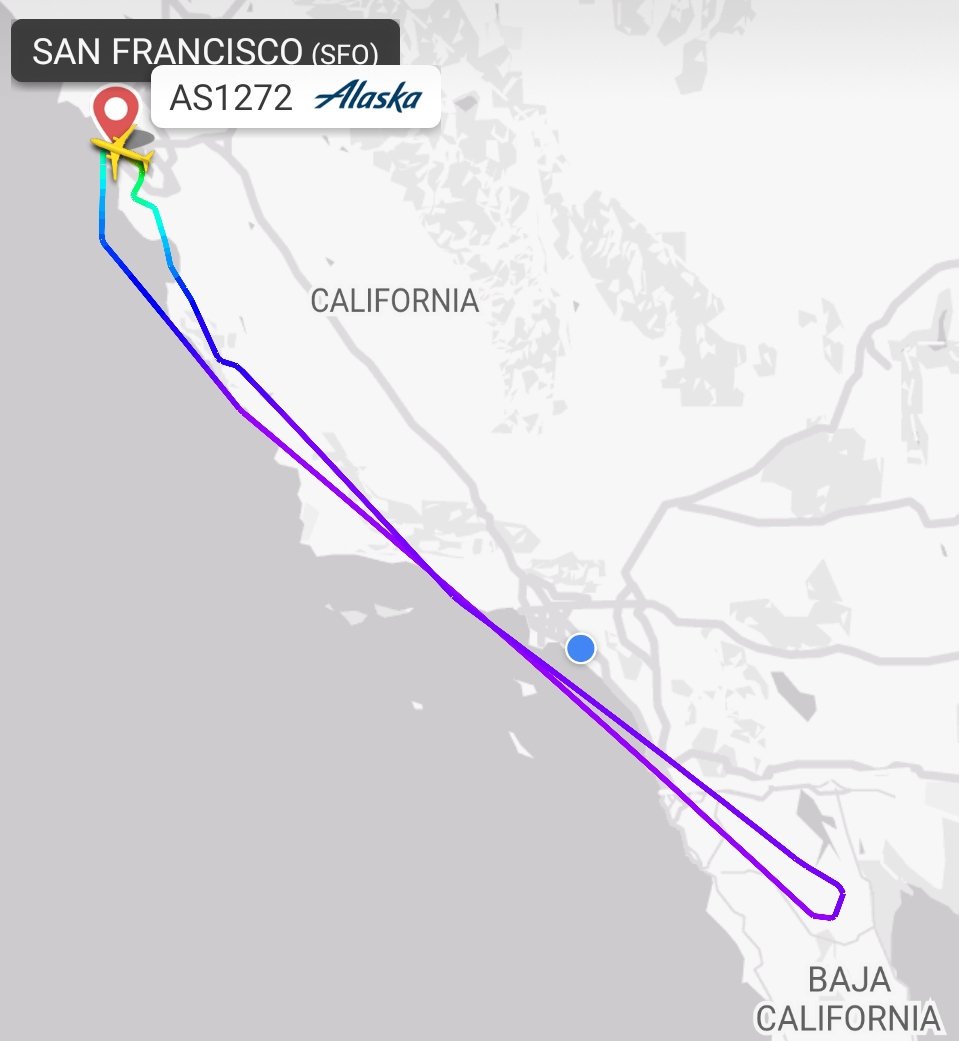 Altus5Jacobs's tweet photo. @flightradar24 Any information on why AS1272 to PVR was diverted back to SFO? https://t.co/WVx5pInXUn