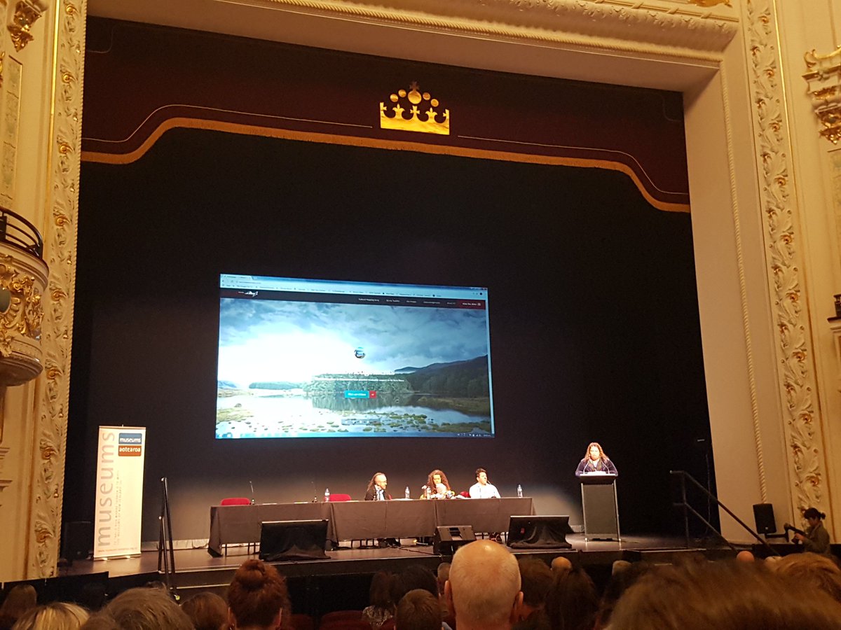 MuseumsAotearoa's tweet photo. 'Ngāi Tahu: Pathways of Knowledge' a panel discussing the embedding of cultural narratives in the city rebuild - w/ Takerei Norton, Sacha McMeeking &amp; Joseph Hullen
#ma18nz https://t.co/hmxLK5UPJs