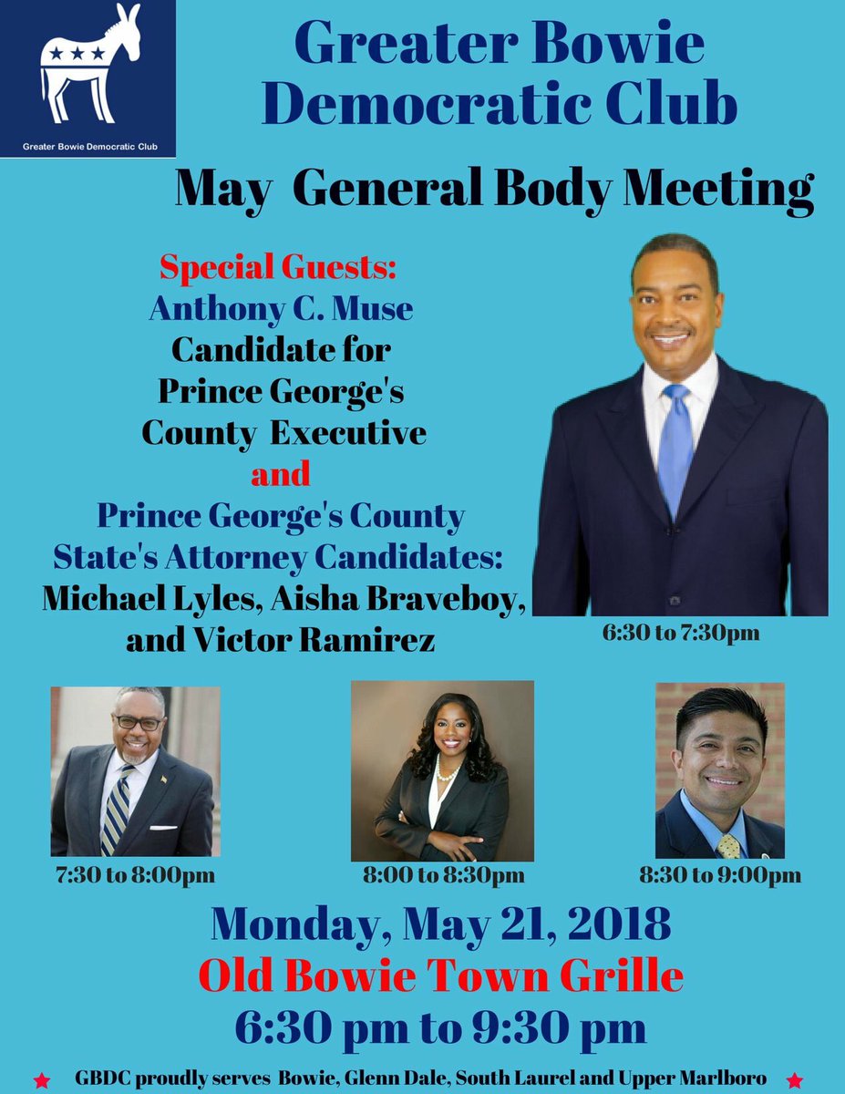 Join the Mike Lyles Team TOMORROW at the Greater Bowie Democratic Club’s Monthly Meeting at 6:30pm at Old Bowie Town Grille! #VoteMikeLyles
