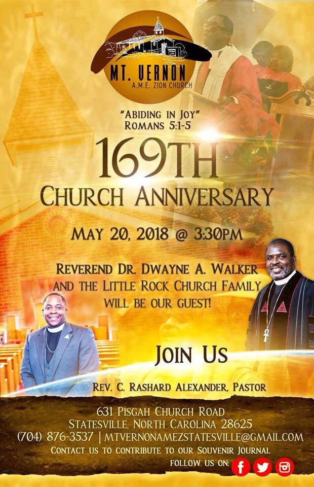 Congratulations again to <a href="/MtVernonAMEZ/">Mt.VernonStatesville</a> on your 169th Church Anniversary.  It was both an honor and blessing to be able to celebrate with you today.  May God continue to bless your ministry.